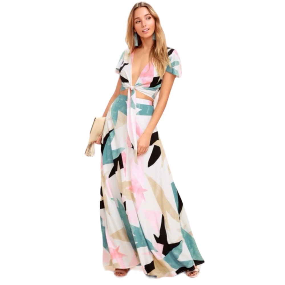 Lulus Daydreaming White Print Two-Piece Maxi Dress Size Medium